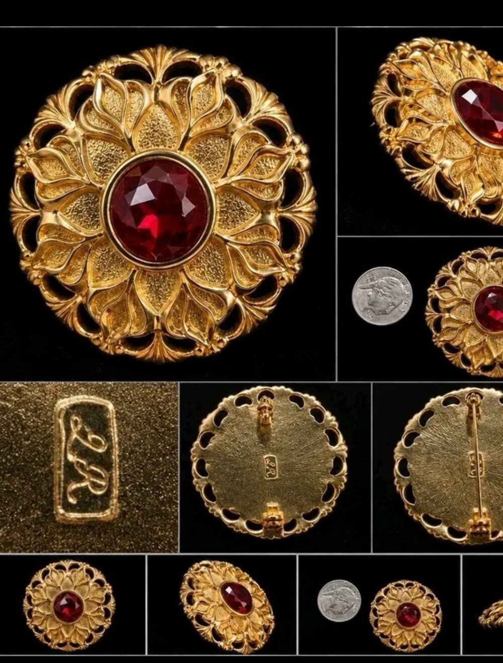 Vintage Lady Remington Ruby Red Gold Tone Statement Brooch | Large Floral Runway